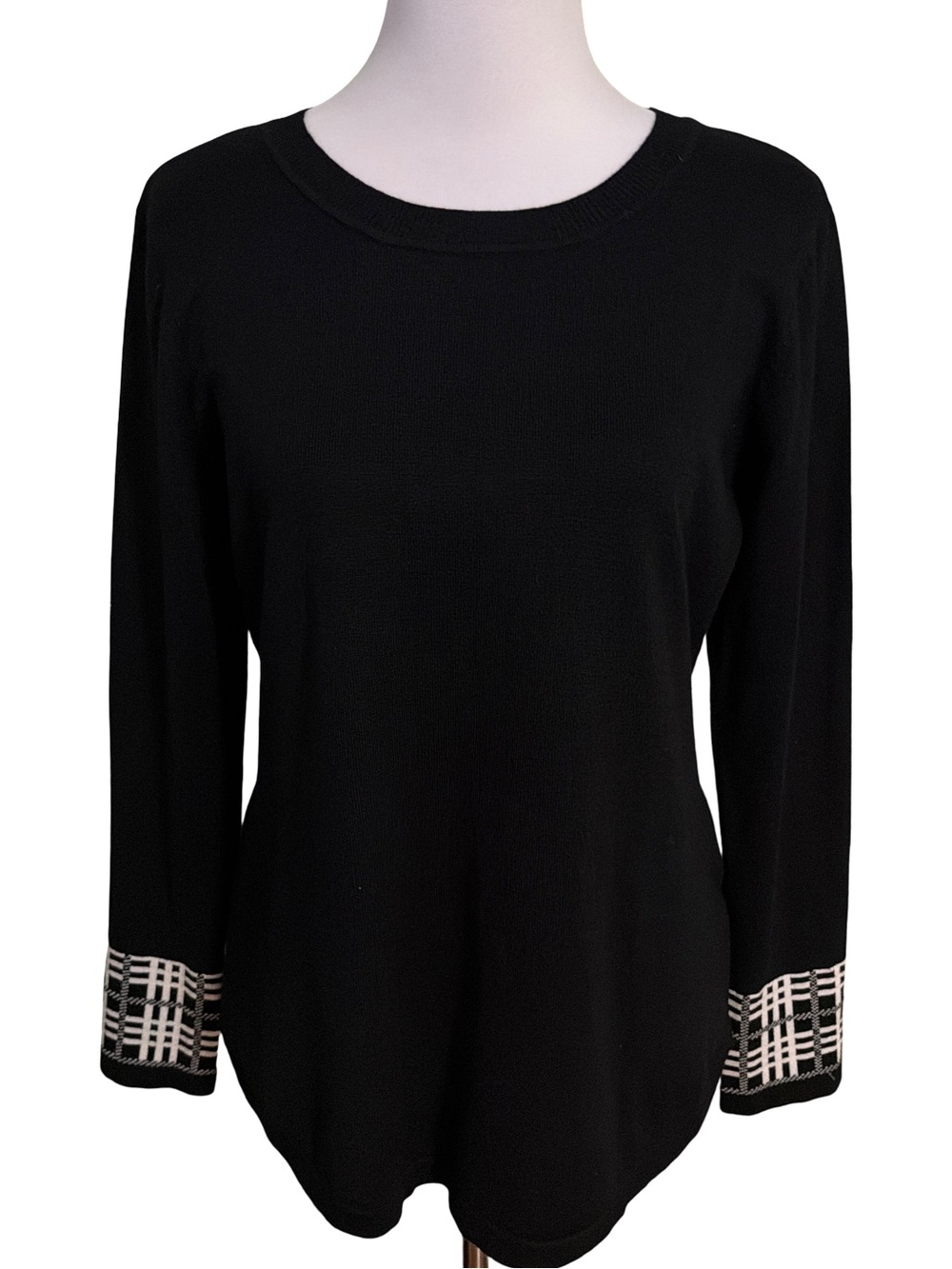 Kim Rogers Black Crewneck Top with Plaid Cuff Detail
